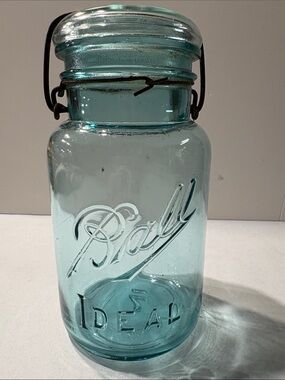 Ball Ideal blue Aqua Glass Canning Jar with Wire Bail Lid antique #2  1 quart